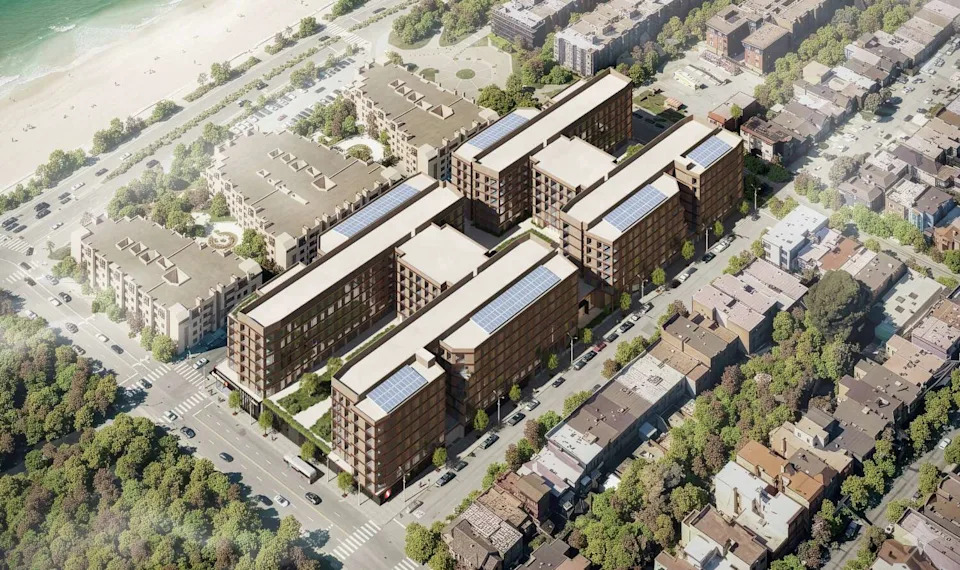 A rendering of the proposed housing complex at 850 La Playa St. in San Francisco, where a Safeway is currently located. (Screenshot via San Francisco Planning/Designs by Steinberg Hart)