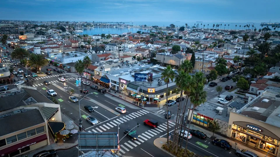 Aerial view of Long Beach’s Belmont Shore at dusk. Long Beach is included in the speed camera pilot program. Los Angeles Times via Getty Images