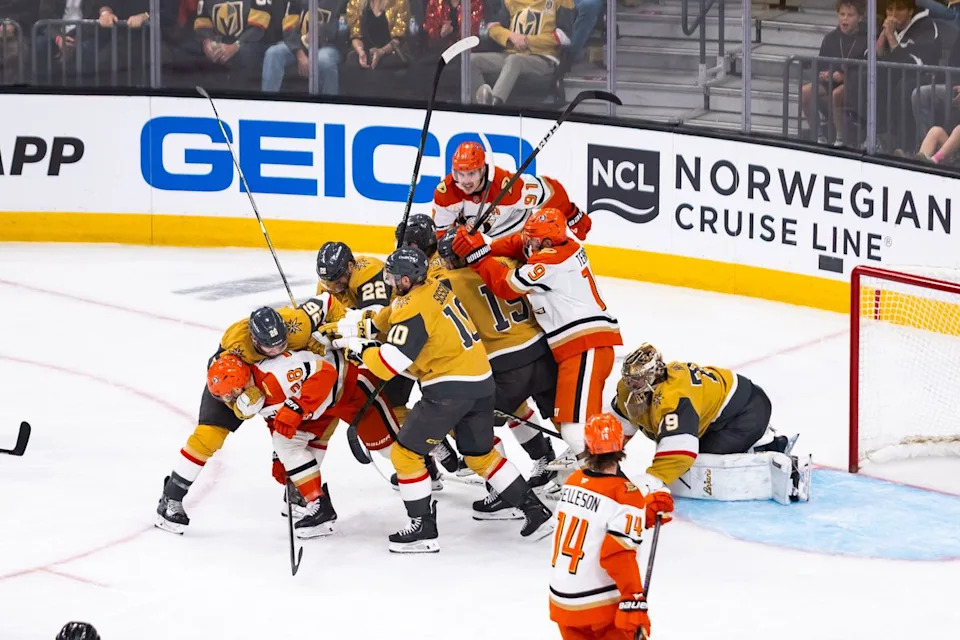 Vegas Golden Knights and Anaheim Ducks players get into a scrum during game 2 of a NHL playoff game between the Vegas Golden Knights and the Anaheim Ducks, Wednesday May 6, 2026 in Las Vegas, Nev.
