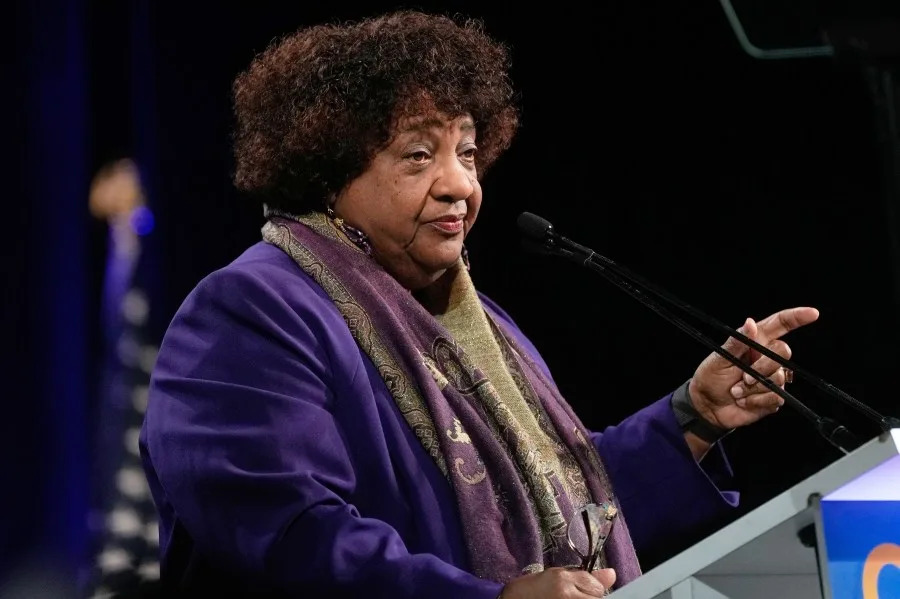 FILE - California Secretary of State Shirley Weber speaks at the 2026 California Democratic Party State Convention in San Francisco, Saturday, Feb. 21, 2026. (AP Photo/Jeff Chiu, File)