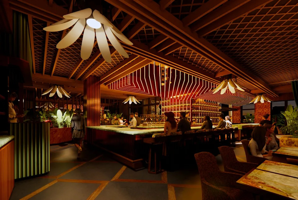 A rendering of the interior of Flora in San Jose, showcasing the bar and floral-themed lighting above.