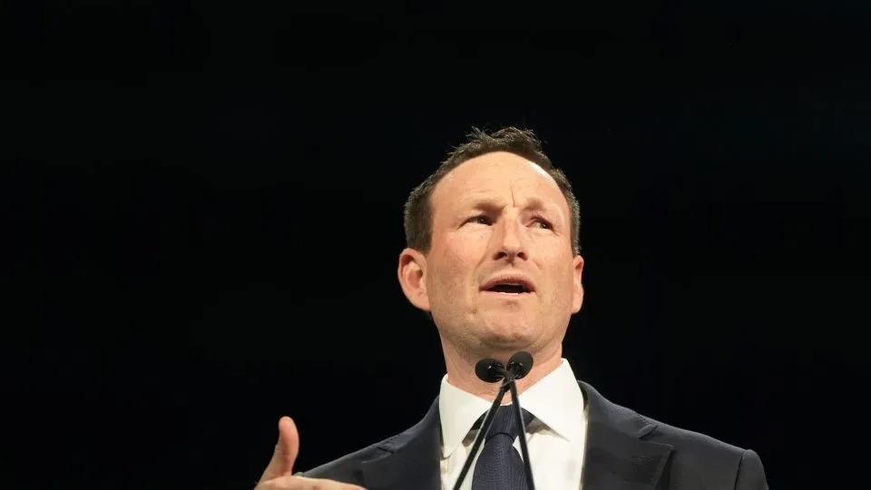Josh Fryday speaks at the 2026 California Democratic Party State Convention in San Francisco, on February 21. - Jeff Chiu/AP