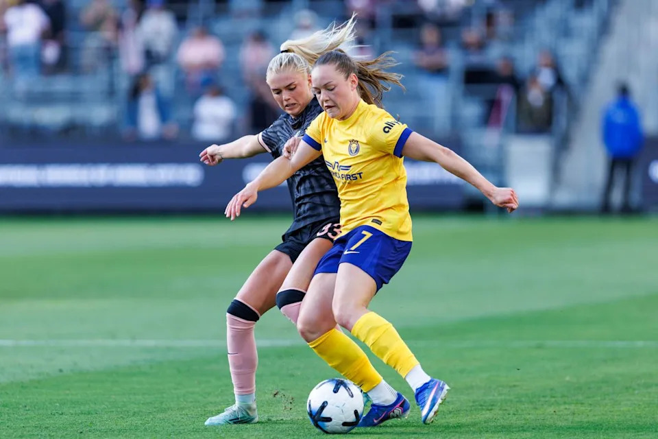 Janni Thomsen #7 of the Utah Royals defends the ball during an NWSL match against Angel City FC on May 2, 2026 at BMO Stadium in Los Angeles, California.
