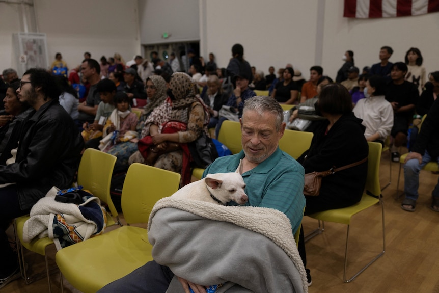 People sleeping with their pets in a hall
