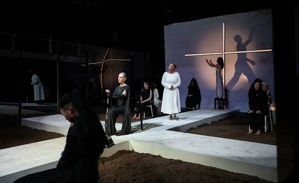 Lisa Ramirez as Bernarda Alba (seated, from left), Jacinta Kaumbulu as Poncia and Antonella Scogna as Adela in "The House of Bernarda Alba." (Ben Krantz/Oakland Theater Project)