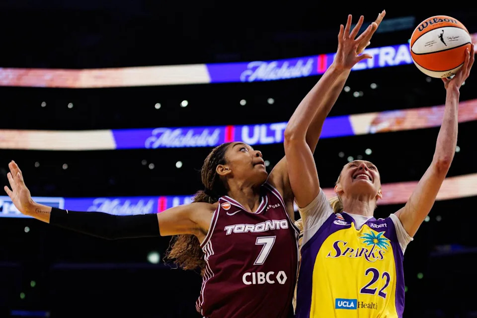 Cameron Brink #22 of the Los Angeles Sparks attempts a layup during a WNBA game against the Toronto Tempo on May 15, 2026 at Crypto.com Arena in Los Angeles, California.