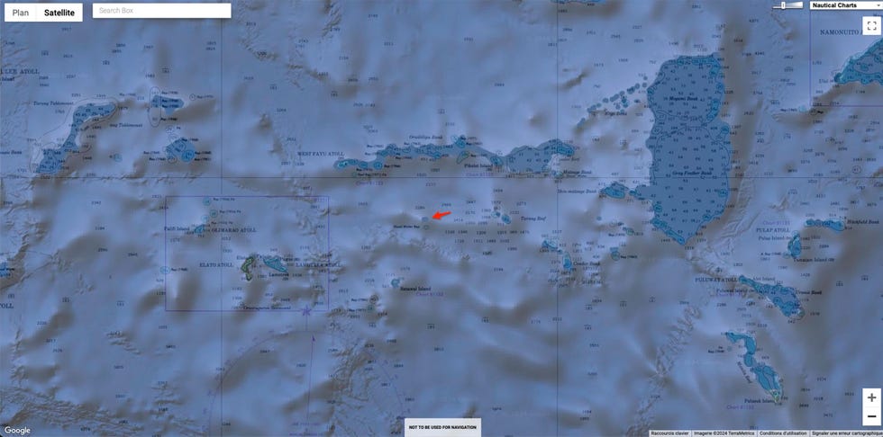 Map showing various islands and underwater features in a marine area.