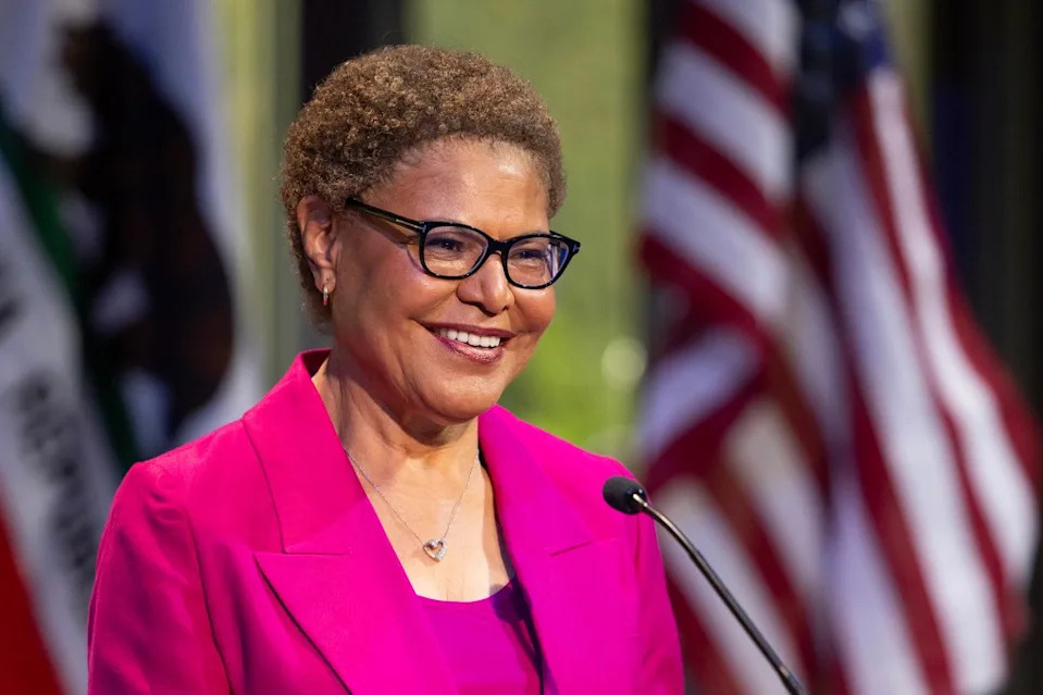 Mayor Karen Bass during the NBC4 and Telemundo 52 Los Angeles mayoral debate. Jon Rou/LMU