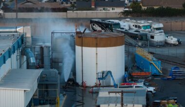 Water is sprayed on a tank that overheated at an aerospace plant in Garden Grove, Calif., on May 22.