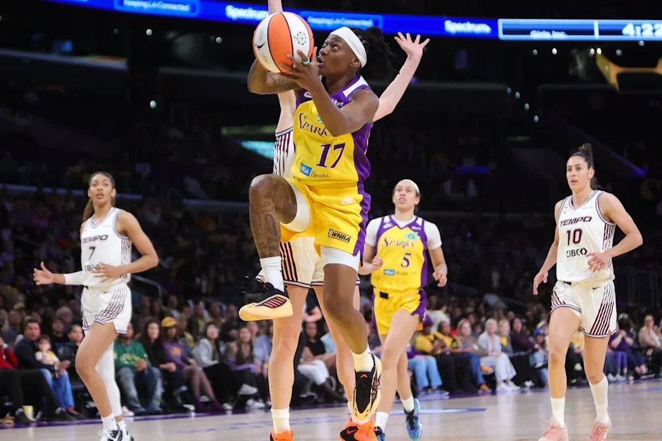 Los Angeles Sparks guard Erica Wheeler (17) attempts a lay up during a WNBA game against the Toronto Tempo on May 17, 2026 in Los Angeles, CA.
