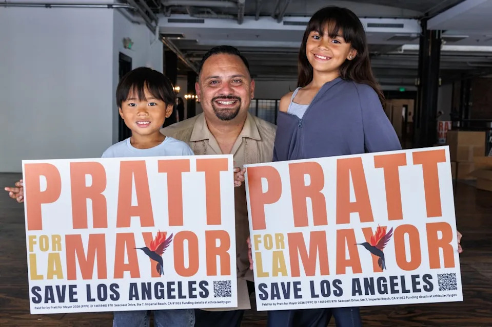 Raul Claros, founder of California Rising and a candidate for Los Angeles City Council District 1, joins supporters at Spencer Pratt’s downtown rally Saturday. Jonathan Alcorn for CA Post