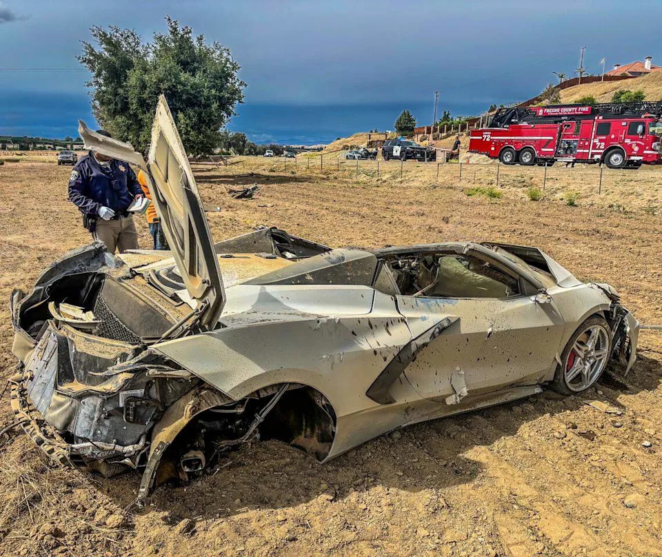 The aftermath of a violent crash that flattened a vehicle on Thursday, May 28, 2026 on Friant Road, just north of Bluff View in Fresno County.