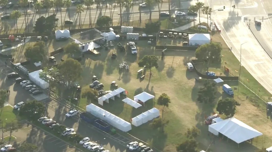 Sky5 aerial views showed the empty grounds of the Long Beach Pride Festival after it was cancelled on May 15, 2026. (KTLA)