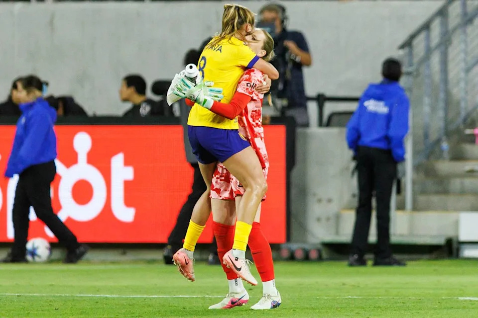 Mandy McGlynn #1 of the Utah Royals celebrates with Kate Del Fava #8 after a victory during an NWSL match against Angel City FC on May 2, 2026 at BMO Stadium in Los Angeles, California.