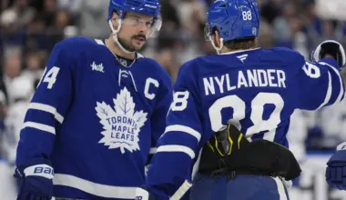 Toronto Maple Leafs forward William Nylander (88) and forward Auston Matthews (34) discuss a play against the Tampa Bay Lightning during the first period at Scotiabank Arena