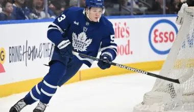 Toronto Maple Leafs forward Easton Cowan (53) pursues the play against the Tampa Bay Lightning in the third period at Scotiabank Arena.