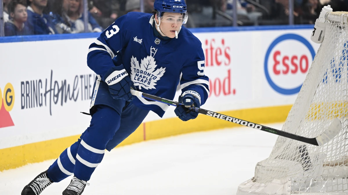 Toronto Maple Leafs forward Easton Cowan (53) pursues the play against the Tampa Bay Lightning in the third period at Scotiabank Arena.