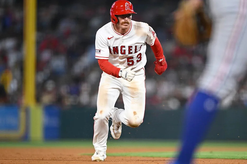 The Los Angeles Angels Wade Meckler #53 runs to third base during an MLB game against The Texas Rangers on May 22nd, 2026 at Angels Stadium in Anaheim, California.