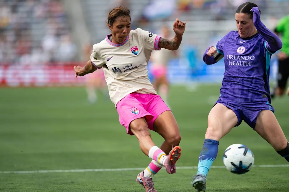 San Diego Wave midfielder Gia Corley (11) attempts a shot at goal during an NWSL match between Orlando Pride SC and San Diego Wave FC on Sunday, May 24, 2026 at Snapdragon Stadium in San Diego Calif.