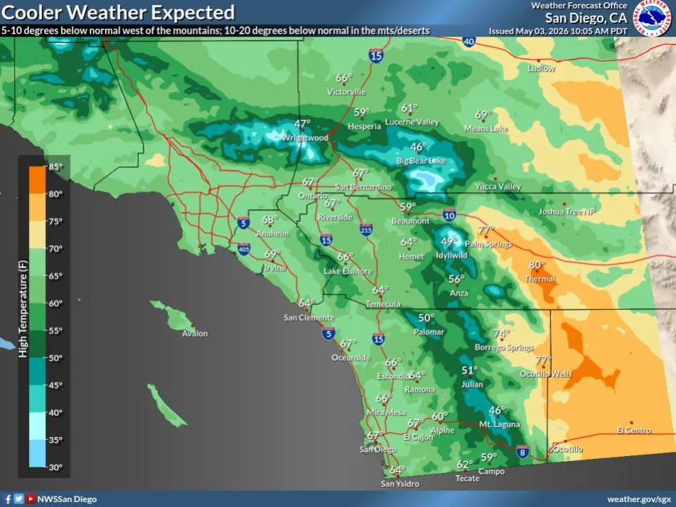 A low-pressure system makes its way through the area bringing temperatures well below normal (National Weather Service)