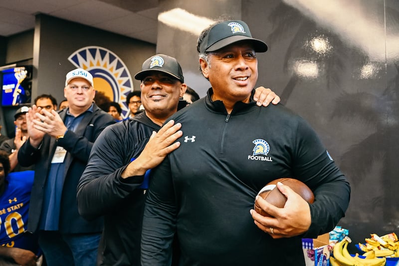 San Jose State head coach Ken Niumatalolo addresses his team in the locker room after the Spartans defeated Sacramento State, 42-24, at CEFCU Stadium on August 29, 2024, in San Jose, California.