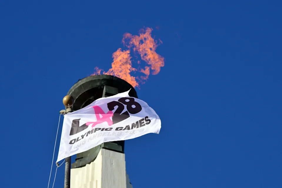 The LA28 Olympic cauldron is lit during a ceremonial lighting. AFP via Getty Images