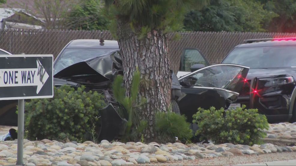 Road closures are underway in south Bakersfield after a car crashed into a tree on South H Street Tuesday evening. PHOTO: KBAK/KBFX