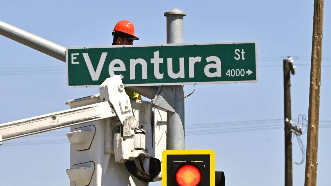 A Ventura Street sign has replaced the Cesar Chavez Blvd. Friday morning, May 1, 2026 in Fresno.