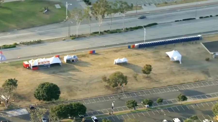 Sky5 aerial views showed the empty grounds of the Long Beach Pride Festival after it was cancelled on May 15, 2026. (KTLA)