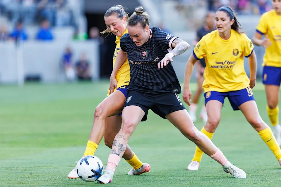 Maiara Niehues #12 of Angel City FC defends the ball during an NWSL match against the Utah Royals on May 2, 2026 at BMO Stadium in Los Angeles, California.