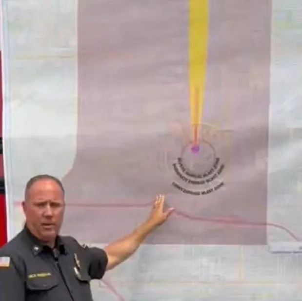 Nick Freeman with the Orange County Fire Authority displays a map on May 22 showing rings where residents could be at risk of feeling a blast and receiving injuries from a possible tank rupture at GKN Aerospace in Garden Grove, California and a plume where residents could be exposed to vapors, in this screenshot from the Orange County Fire Authority's update on x.com.