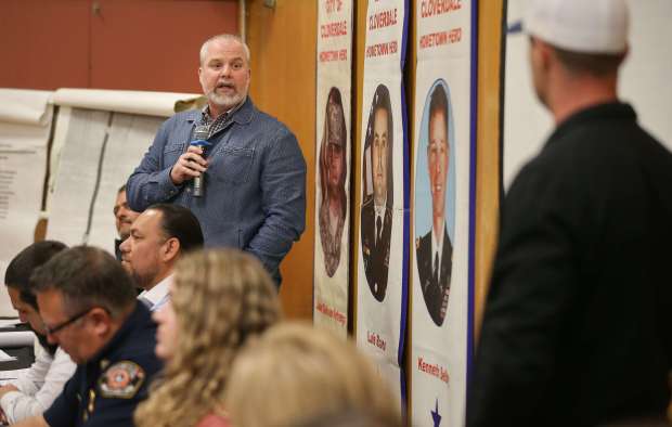 Sonoma County Supervisor James Gore addresses Cloverdale Mayor Todd Lands during the Potter Valley Project town hall meeting in Cloverdale on Thursday, March 20, 2025. (Christopher Chung/The Press Democrat)
