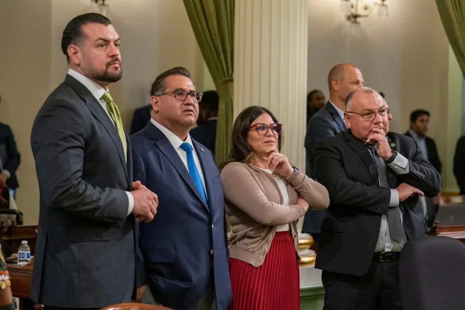Democratic Assembly members, from left, Avelino Valencia, of Anaheim, James Ramos, of Highland, Esmeralda Soria, of Fresno, and Freddie Rodriguez of Pomona. AP