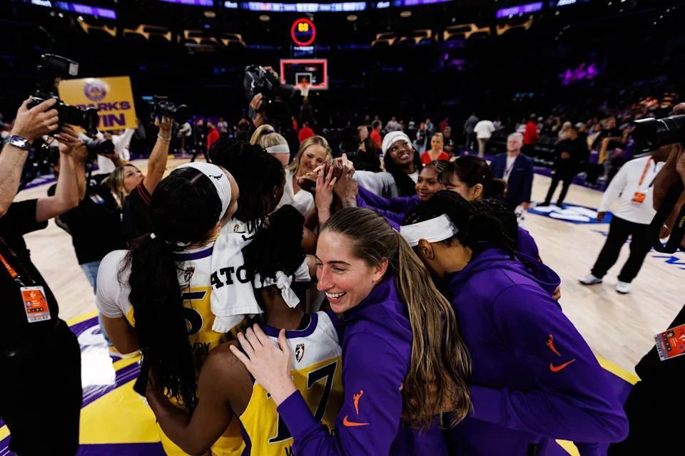 The Los Angeles Sparks celebrate a victory after a WNBA game against the Toronto Tempo on May 15, 2026 at Crypto.com Arena in Los Angeles, California.