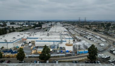 Water is sprayed on a damaged tank at GKN AerospaceT n Garden Grove, Calif., on May 24, after the tank containing a chemical used to make plastic parts overheated Thursday.