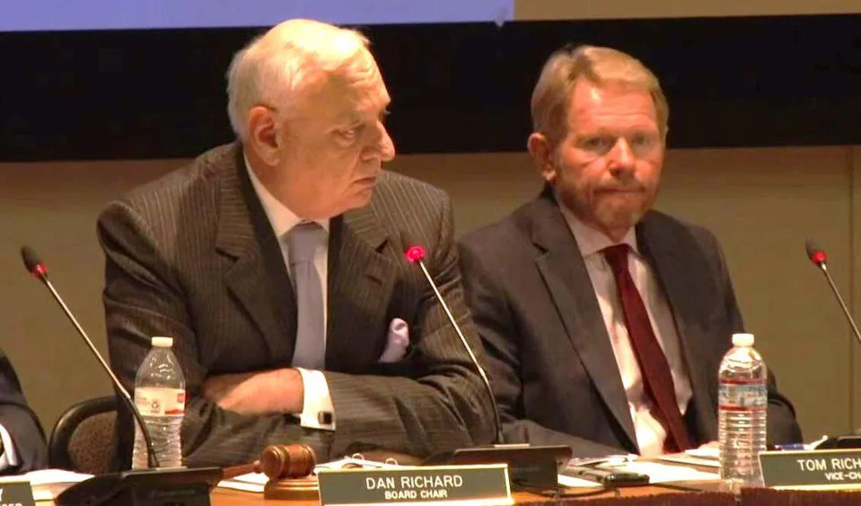 California High-Speed Rail Authority board chairman Dan Richard, left, and vice chairman Tom Richards of Fresno listen during the board's June 19, 2018 board meeting in Sacramento to a presentation about a new "baseline" work plan for bullet-train development and construction.
