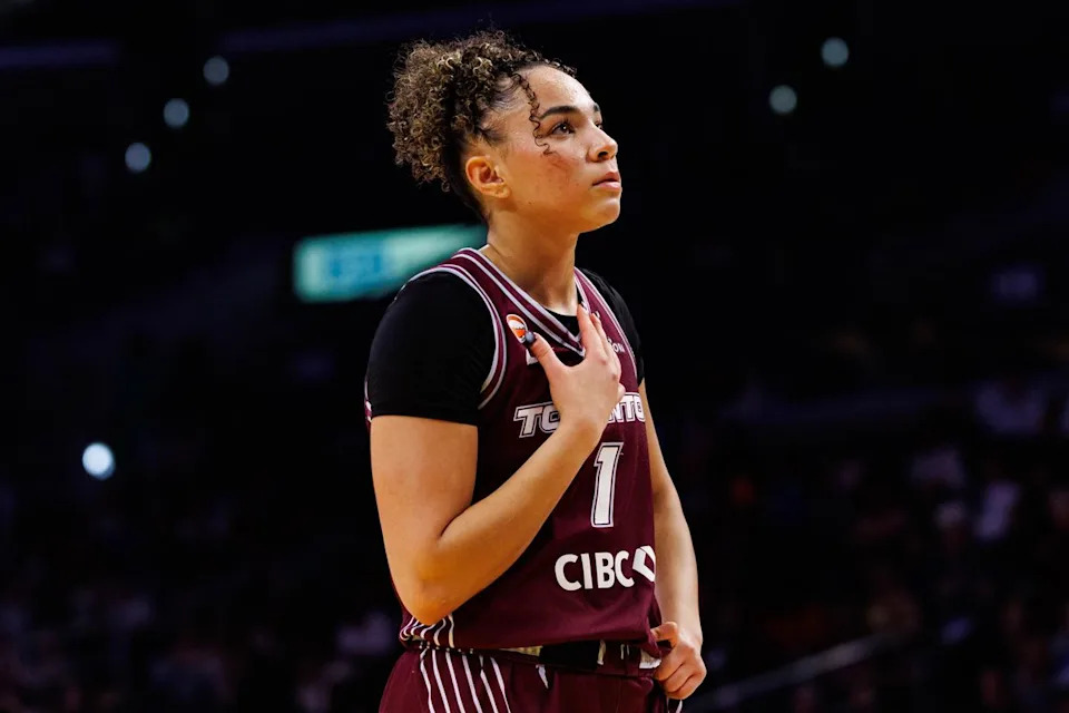 Kiki Rice #1 of the Toronto Tempo looks on during a WNBA game against the Los Angeles Sparks on May 15, 2026 at Crypto.com Arena in Los Angeles, California.