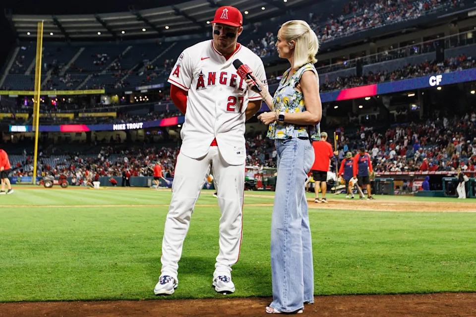 Mike Trout #27 of the Los Angeles Angels is interviewed after an MLB game against the Texas Rangers on May 23, 2026 at Angel Stadium in Anaheim, California.