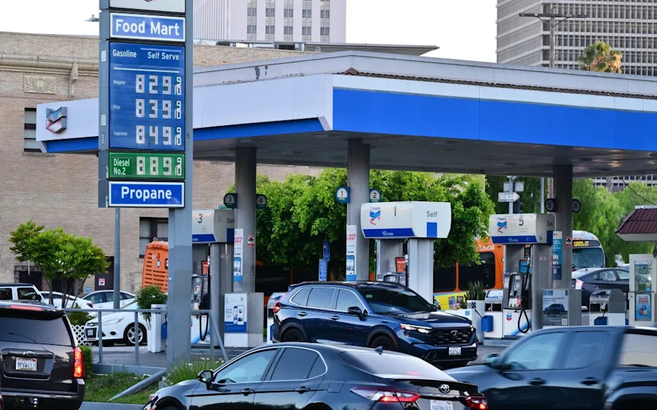 Chevron using signs at the pump telling drivers the high gas prices are because of Democrats. AFP via Getty Images