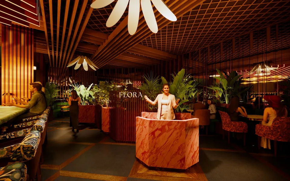 A rendering of the interior of Flora in San Jose, with a figure standing behind the host stand, a bar to the left, and people seated at tables