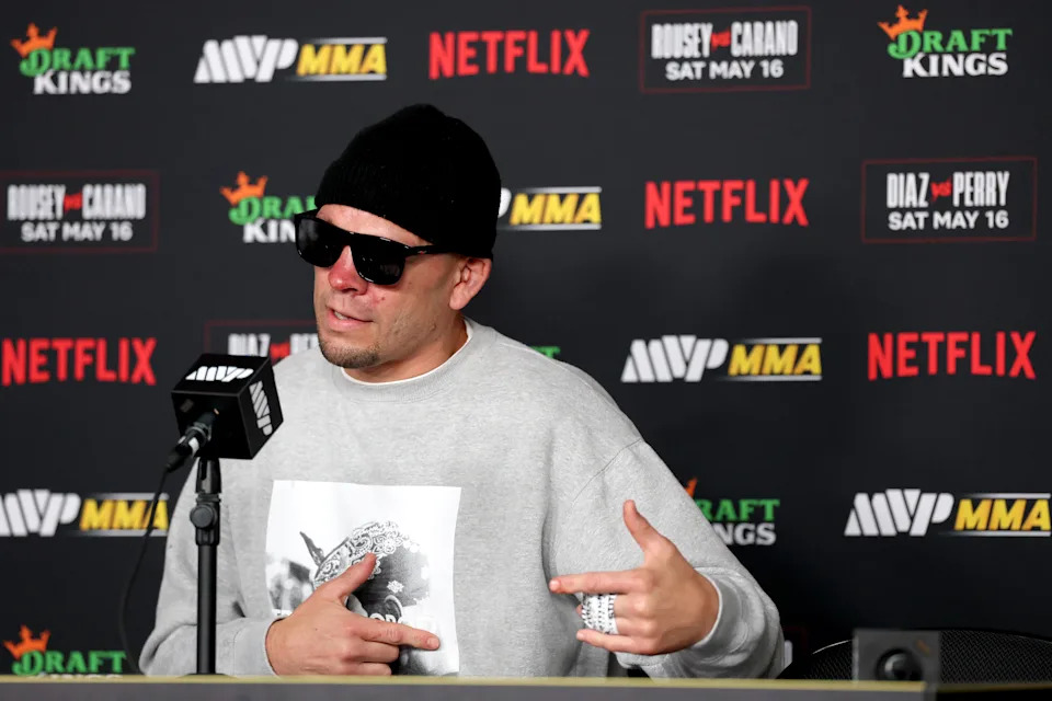 INGLEWOOD, CALIFORNIA - MAY 16: Nate Diaz speaks to the media after the main card of Netflix's Ronda Rousey vs. Gina Carano at Intuit Dome on May 16, 2026 in Inglewood, California. (Photo by Harry How/Getty Images for Netflix)