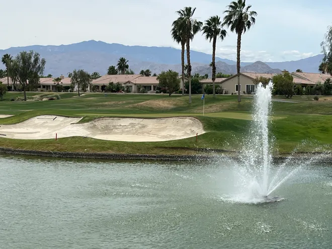 The 18th green near the clubhouse of the South Course at Shadow Hills Golf Club in Indio. The course will close on May 18 for the summer for renovations on bunkers, greens and tee boxes.
