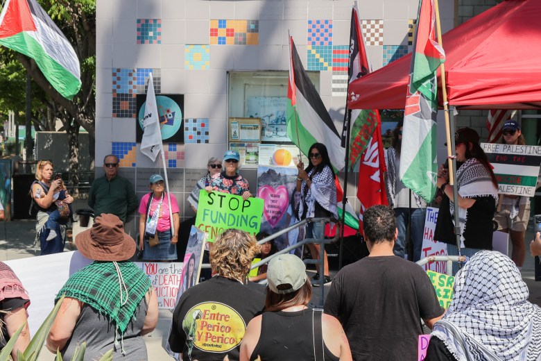 A press conference demanding that activists arrested while in international waters come home safely. (Photo by Adrian Childress/Times of San Diego)
