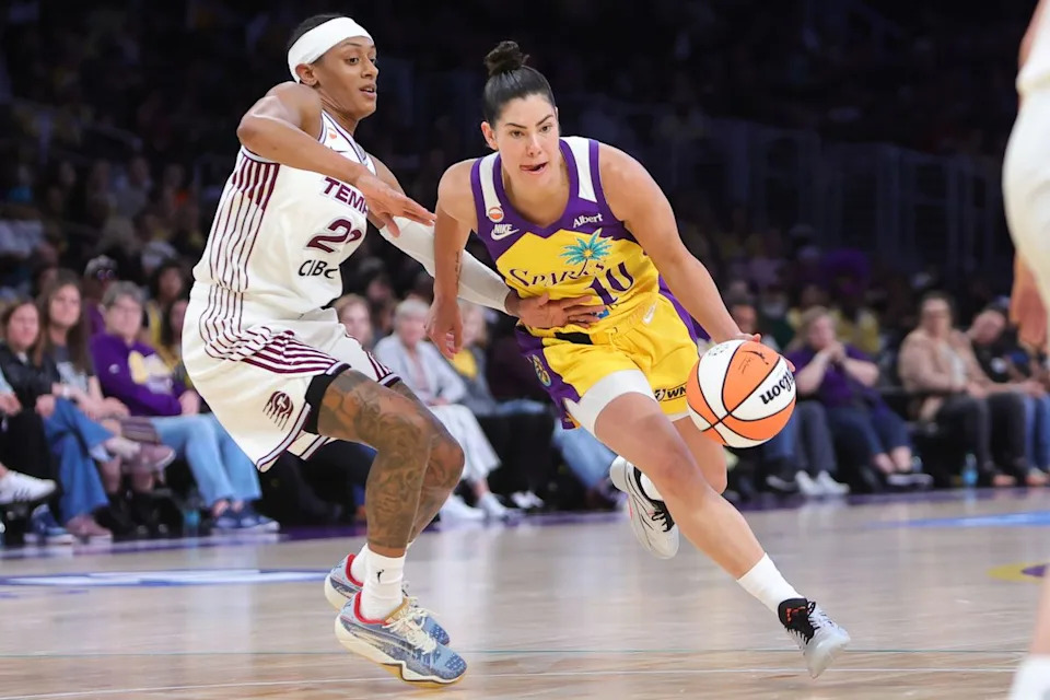 Los Angeles Sparks guard Kelsey Plum (10) dribbles the basketball during a WNBA game against the Toronto Tempo on May 17, 2026 in Los Angeles, CA.