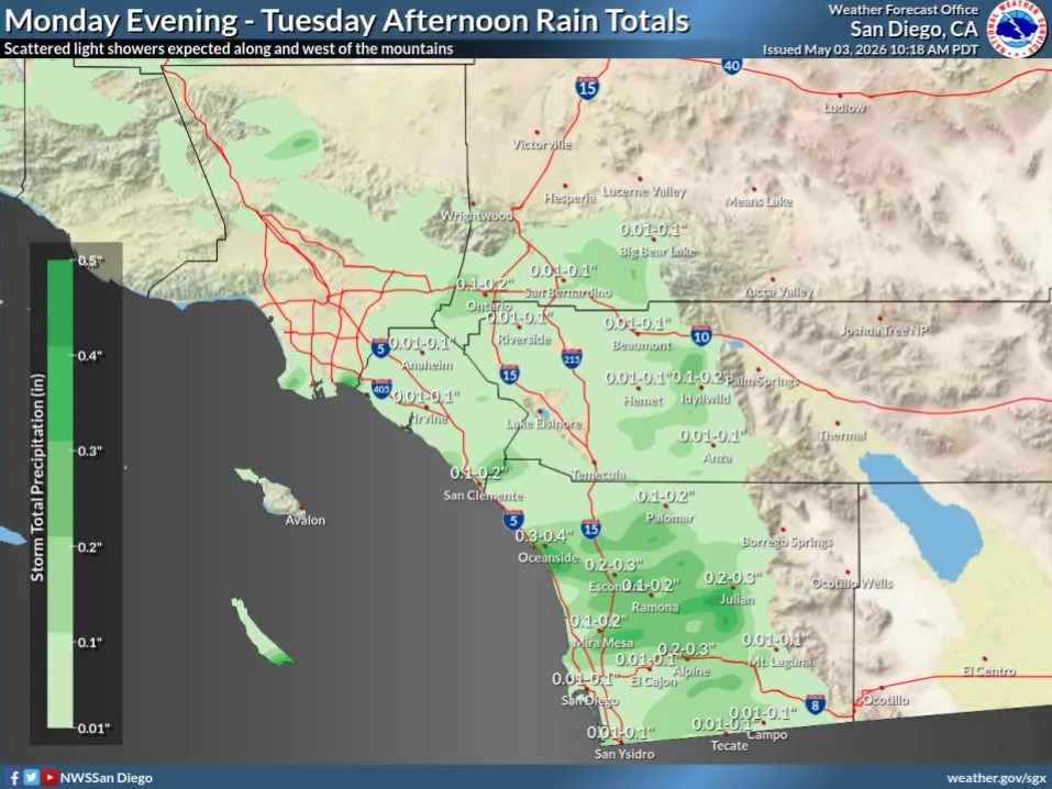 Chance for light showers from the coast to the mountains. Showers will be scattered in nature, where some areas receive near one half inch, others none. (National Weather Service)