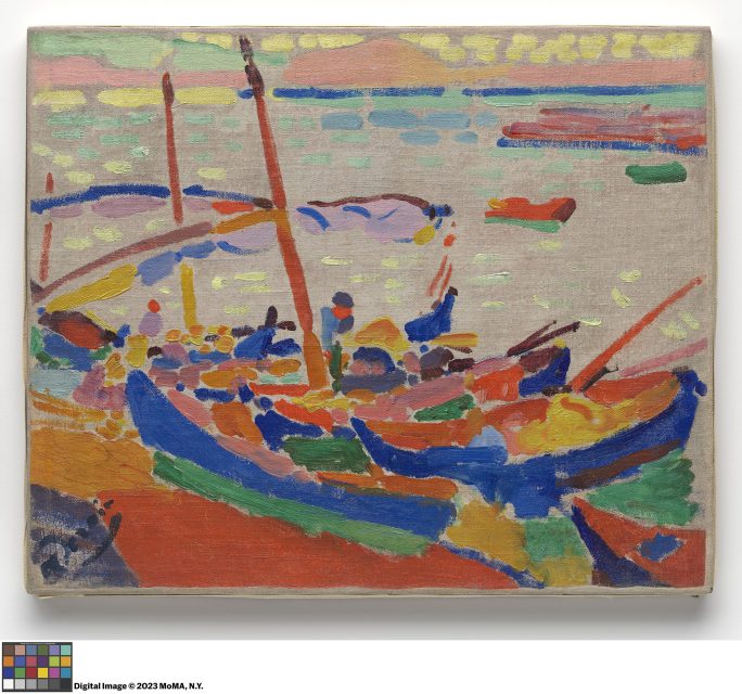 Colorful boats docked by a shore, painted in bold, bright brushstrokes with abstract shapes and vibrant colors on a textured canvas.