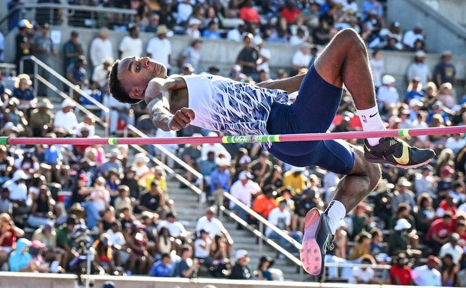 Bullard's Montrell Henix attempts a jump in the boys' high jump during the CIF state track and field championships at Veterans Memorial Stadium in Clovis on Saturday, May 30, 2026.