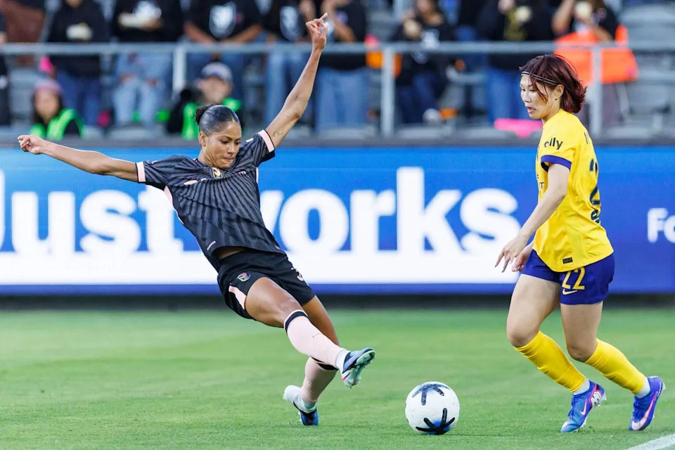 Miyabi Moriya #22 of the Utah Royals handles the ball during an NWSL match against Angel City FC on May 2, 2026 at BMO Stadium in Los Angeles, California.