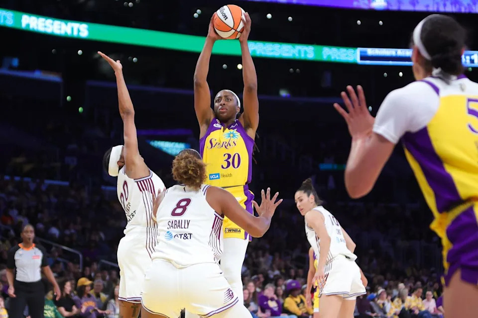 Los Angeles Sparks forward Nneka Ogwumike (30) shoots the basketball during a WNBA game against the Toronto Tempo on May 17, 2026 in Los Angeles, CA.