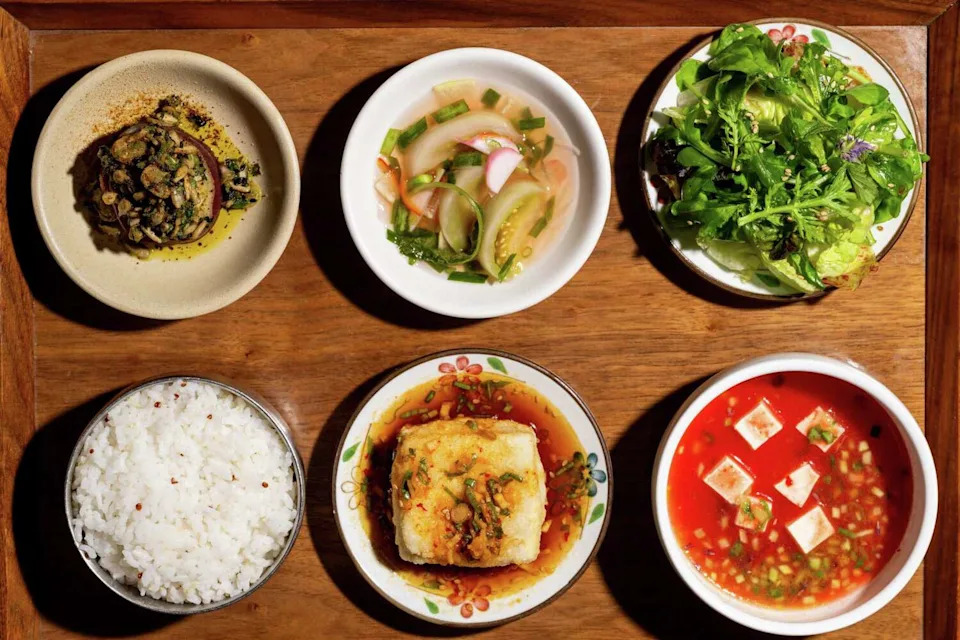 A fried dooboo set with banchan from Joodooboo in Oakland. (Adahlia Cole/For the S.F. Chronicle)